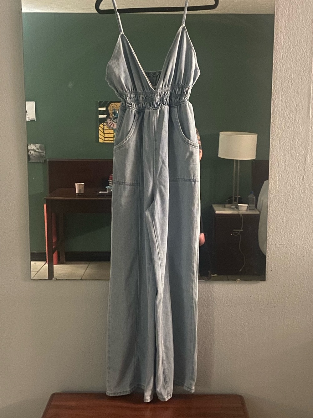 Light Blue Denim Jumpsuit with Spaghetti Straps